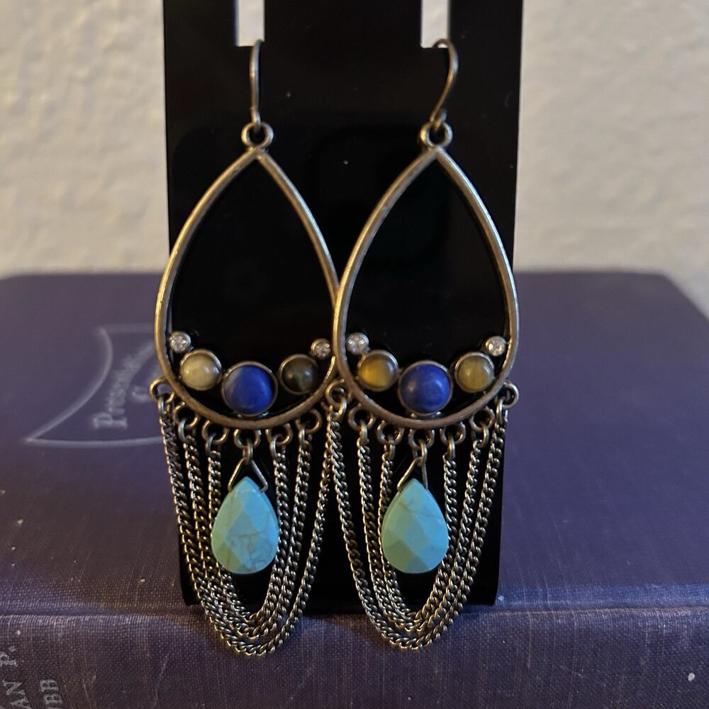 Boho Teardrop Dangle Earrings Turquoise Beads Chains Festival Bohemian Vintage